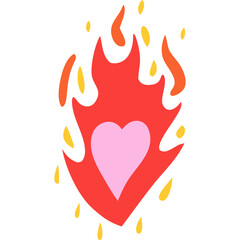 Pink Heart Surrounded by Flames and Sparks Against a White Background Symbolizing Passion or Love