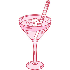 Pink Line Art Martini Glass Filled With Ice Cubes And A Striped Straw On A Transparent Background