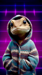 Unique anthropomorphic lizard character wearing a colorful hoodie against a neon background during a night setting