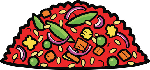 Fototapeta premium Close up of a pile of red fried rice with green peas and diced carrots and red onions and corn kernels