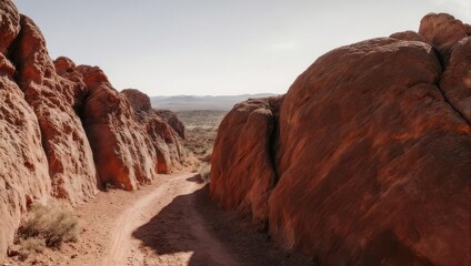 Obraz premium A narrow, sunlit trail winds through red rock formations