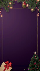 high quality christmas tree gift box copyspace light ornaments purple background