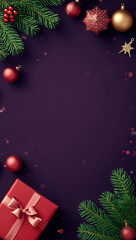 high quality christmas tree gift box copyspace light ornaments purple background