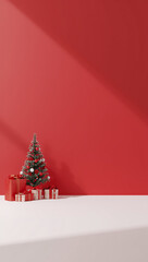 3d render christmas background tree and gift boxes on one side red and white large empty copyspace for text