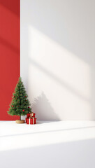 3d render christmas background tree and gift boxes on one side red and white large empty copyspace for text