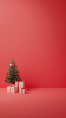 3d render christmas background tree and gift boxes on one side red and white large empty copyspace for text