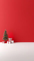 3d render christmas background tree and gift boxes on one side red and white large empty copyspace for text