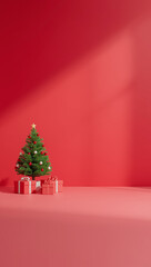 3d render christmas background tree and gift boxes on one side red and white large empty copyspace for text