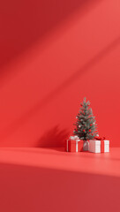 3d render christmas background tree and gift boxes on one side red and white large empty copyspace for text