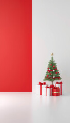 3d render christmas background tree and gift boxes on one side red and white large empty copyspace for text