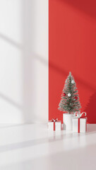 3d render christmas background tree and gift boxes on one side red and white large empty copyspace for text