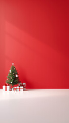 3d render christmas background tree and gift boxes on one side red and white large empty copyspace for text