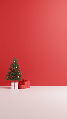 3d render christmas background tree and gift boxes on one side red and white large empty copyspace for text