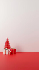 3d render christmas background tree and gift boxes on one side red and white large empty copyspace for text