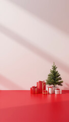3d render christmas background tree and gift boxes on one side red and white large empty copyspace for text