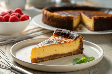 濃厚なチーズの味わいと、ねっとりとした固めの食感が特徴のベイクドチーズケーキ