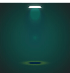 A bright spotlight beam illuminates the dark teal green background, creating a focused scene