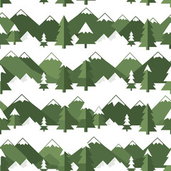 Obraz premium Seamless pattern of stylized green mountains and pine trees with snow-capped peaks on a white background.
