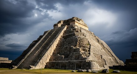Ancient stone pyramid structure with steep stairs under dramatic stormy sky