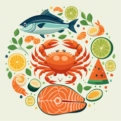 Vibrant circular illustration of a fresh seafood assortment featuring crab, salmon, tuna, and shrimp with citrus and herbs