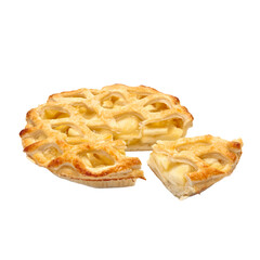 Homemade Freshly Baked Apple Pie with Golden Crust and Cinnamon Filling on White Background