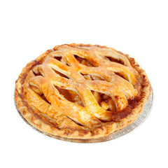 Homemade Freshly Baked Apple Pie with Golden Crust and Cinnamon Filling on White Background