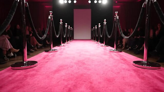 A vibrant pink carpet runway lined with velvet ropes and onlookers, illuminated by bright lights