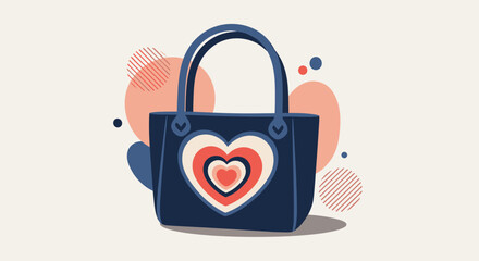 A stylish, minimalist illustration of a dark blue tote bag featuring a concentric heart design in red, white, and blue, set against a backdrop of abstract shapes.