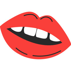 Red lips with white teeth showing a playful expression against a transparent background simple cartoon illustration