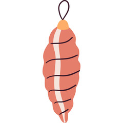 Salmon Pink Christmas Tree Ornament with White Stripe and Gold Cap Hanging on White Background Simple Scandinavian Style Festive Decoration