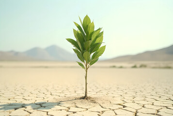 Young Green Plant Growing on Dry Cracked Soil