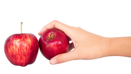 hand holding fresh red apple on white background isolated