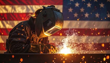 American pride and industrial strength embodied by a female welder working diligently with sparks flying against a United States flag backdrop