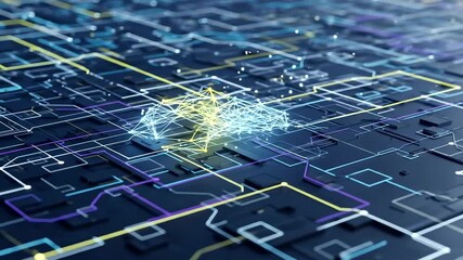 A close-up view depicts a complex network of illuminated lines in various colors like white, yellow, and purple, over a dark, textured surface. These lines connect nodes