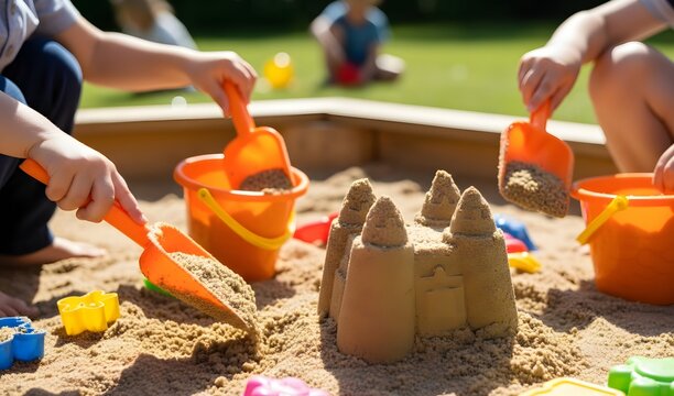 Happy children are busy playing in a sandbox on a bright, sunny day, using orange shovels and buckets to build an impressive sandcastle. The image captures the joy and creativity of childhood outdoor 
