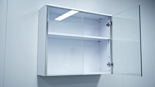 Empty White Wall-Mounted Cabinet with Open Glass Door and Shelves.