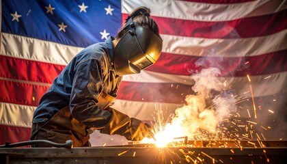Skilled female welder in a protective mask working on metal fabrication with an American flag symbolizing national pride and industry