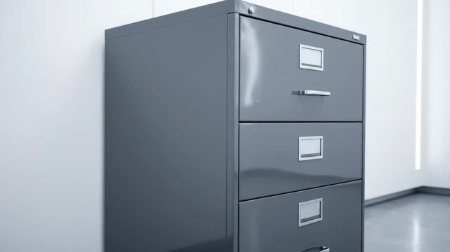 Three drawer gray metal filing cabinet in a room near a wall.