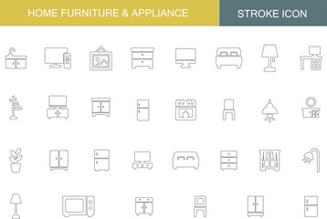 Home Furniture and Appliance Icon Set | Bed, Chair, Lamp, Table, Cabinet, Fridge, TV, Sink, Curtain, Plant, Microwave, Outline Vector Icons