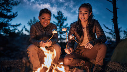 Two smiling teenagers camping in the woods and roasting marshmallows on a chilly evening.