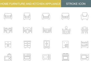 Home Furniture and Kitchen Appliance Icon Set | Sofa, Chair, Dining Table, Cabinet, Wardrobe, Bed, Stove, Microwave, Outline Vector Icons