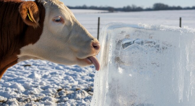 Close-up of a brown and white cow licking a block of ice in a snowy field. Thirsty farm animal hydrating in cold winter weather
