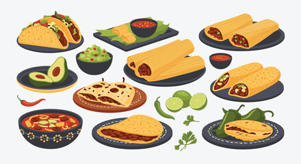 An assortment of delicious and colorful traditional Mexican cuisine, including tacos, tamales, burritos, guacamole, and soup, served with fresh ingredients.