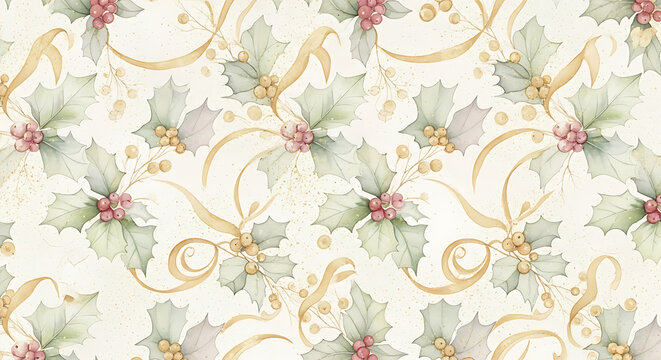 A seamless watercolor pattern featuring delicate holly leaves, red berries, and golden ribbons on a textured cream background, evoking a festive and elegant holiday theme.
