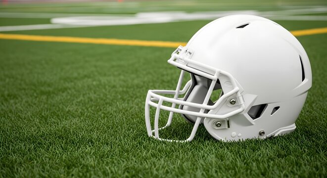 White American football helmet resting on green turf with yard lines visible in background