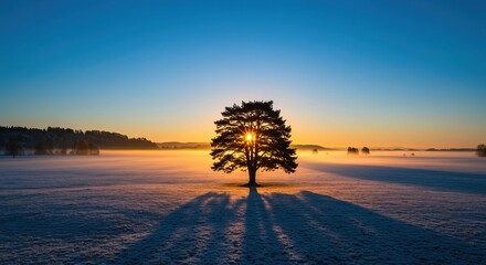 Serene winter morning with a single tree against a colorful sunrise, its long shadows stretching across the pristine snow-covered ground