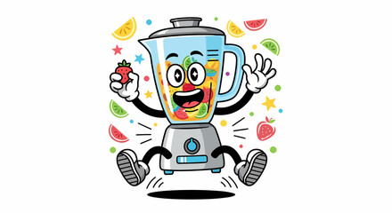Cartoon Blender Character with Fruits Joyful and Energetic Ready to Blend.