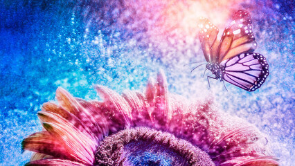A bright sunflower suspended in midair under sunlight, a Monarch butterfly resting on its petal, golden hour warm light, vivid yellow and orange tones, sense of optimism, crisp details, clear blue sky