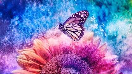 A bright sunflower suspended in midair under sunlight, a Monarch butterfly resting on its petal, golden hour warm light, vivid yellow and orange tones, sense of optimism, crisp details, clear blue sky