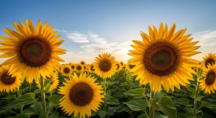 Fototapeta premium A vibrant field of sunflowers under a clear blue sky during daylight nature